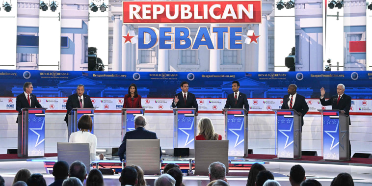 (From L) North Dakota Governor Doug Burgum, former Governor of New Jersey Chris Christie, former Governor from South Carolina and UN ambassador Nikki Haley, Florida Governor Ron DeSantis, entrepreneur Vivek Ramaswamy, US Senator from South Carolina Tim Scott and former US Vice President Mike Pence attend the second Republican presidential primary debate at the Ronald Reagan Presidential Library in Simi Valley, California, on September 27, 2023.
