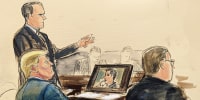 Courtroom sketch of Trump at the defense table. 