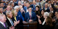 House Speaker nominee Rep. Mike Johnson (R-La.) speaks beside fellow members after being nominated for House Speaker at the U.S. Capitol on Oct. 24, 2023. 