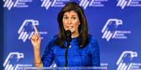 U.S. Republican presidential candidate Nikki Haley addresses the Republican Jewish Coalition (RJC) Annual Leadership Summit in Las Vegas on Oct. 28, 2023.