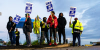 Factory workers and UAW union members on a picket line in Louisville, Kentucky on Oct. 14, 2023 . 